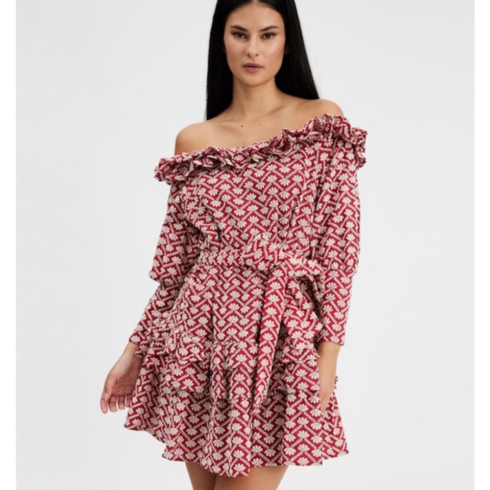 Revolve Elliatt Perseverance Red Cotton Ruffle Embroidered Mini Dress Size XS